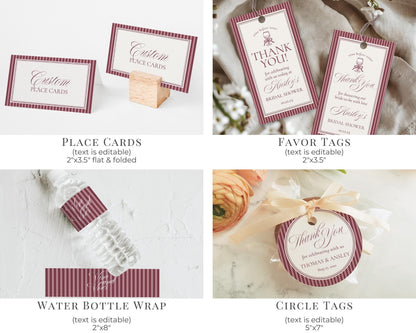 Wine Striped Bridal Shower Template Bundle, Burgundy Old Money Vino Before Vows Bridal Brunch, Modern Vintage Brunch with Bride WP1093