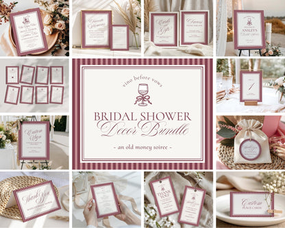 Wine Striped Bridal Shower Template Bundle, Burgundy Old Money Vino Before Vows Bridal Brunch, Modern Vintage Brunch with Bride WP1093