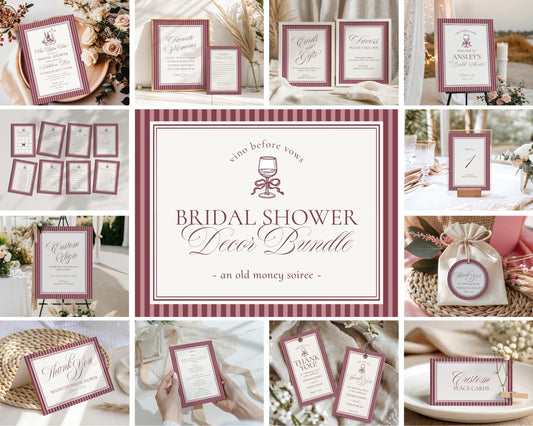 Wine Striped Bridal Shower Template Bundle, Burgundy Old Money Vino Before Vows Bridal Brunch, Modern Vintage Brunch with Bride WP1093