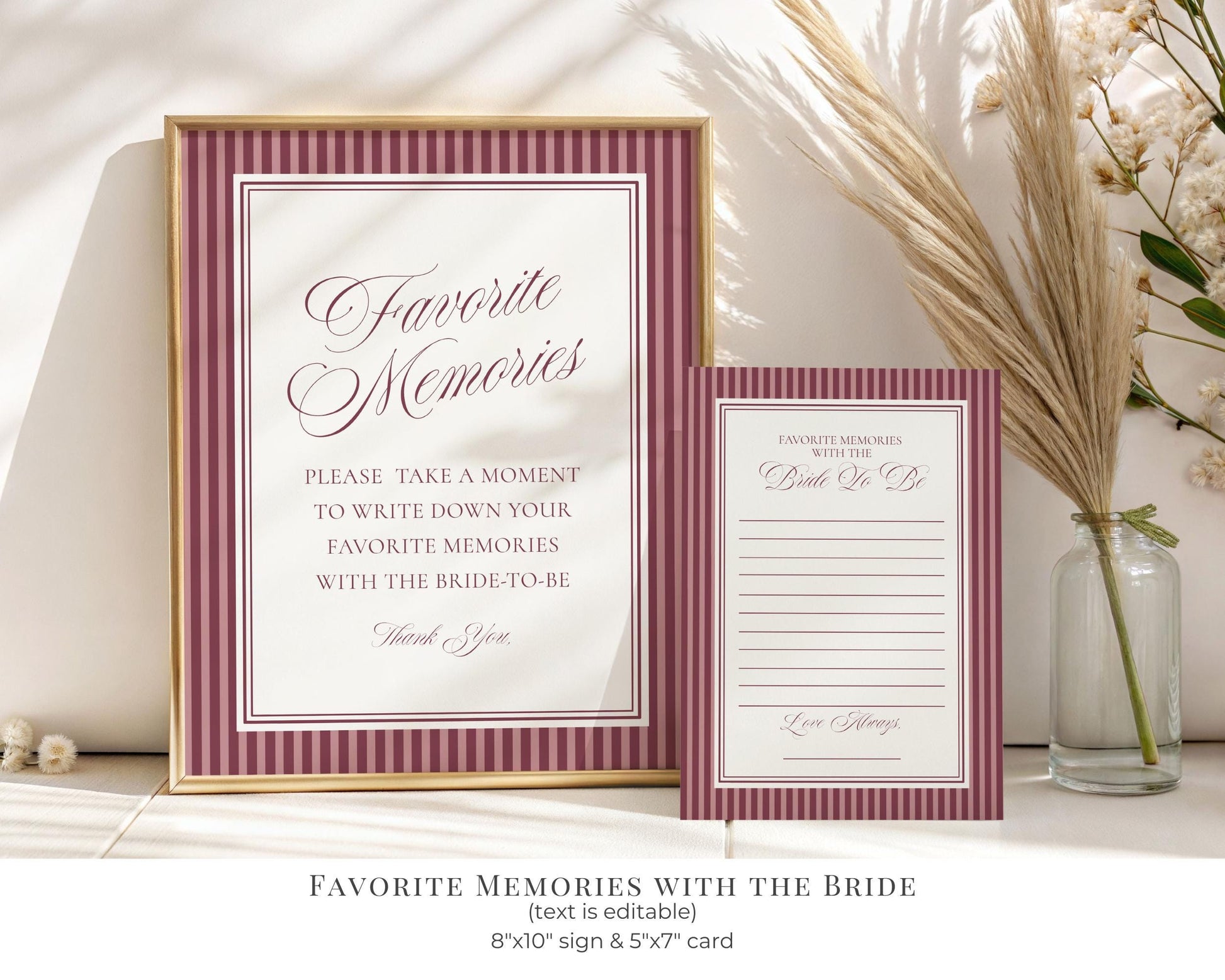 Wine Striped Bridal Shower Template Bundle, Burgundy Old Money Vino Before Vows Bridal Brunch, Modern Vintage Brunch with Bride WP1093