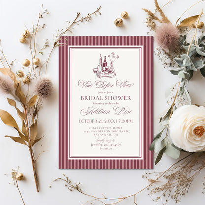 Wine Striped Bridal Shower Invitation Template, Burgundy Old Money Vino Before Vows Bridal Brunch, Modern Vintage Brunch with Bride WP1093