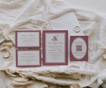 Wine Striped Bridal Shower Invitation Template, Burgundy Old Money Vino Before Vows Bridal Brunch, Modern Vintage Brunch with Bride WP1093