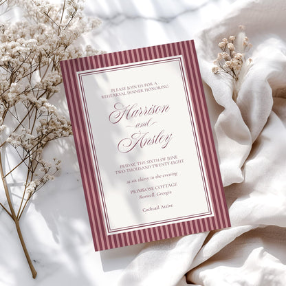 Wine Striped Rehearsal Dinner Invite Template, Burgundy Old Money Vino and Vows Night Before Dinner, Modern Vintage Cocktail Theme WP1093