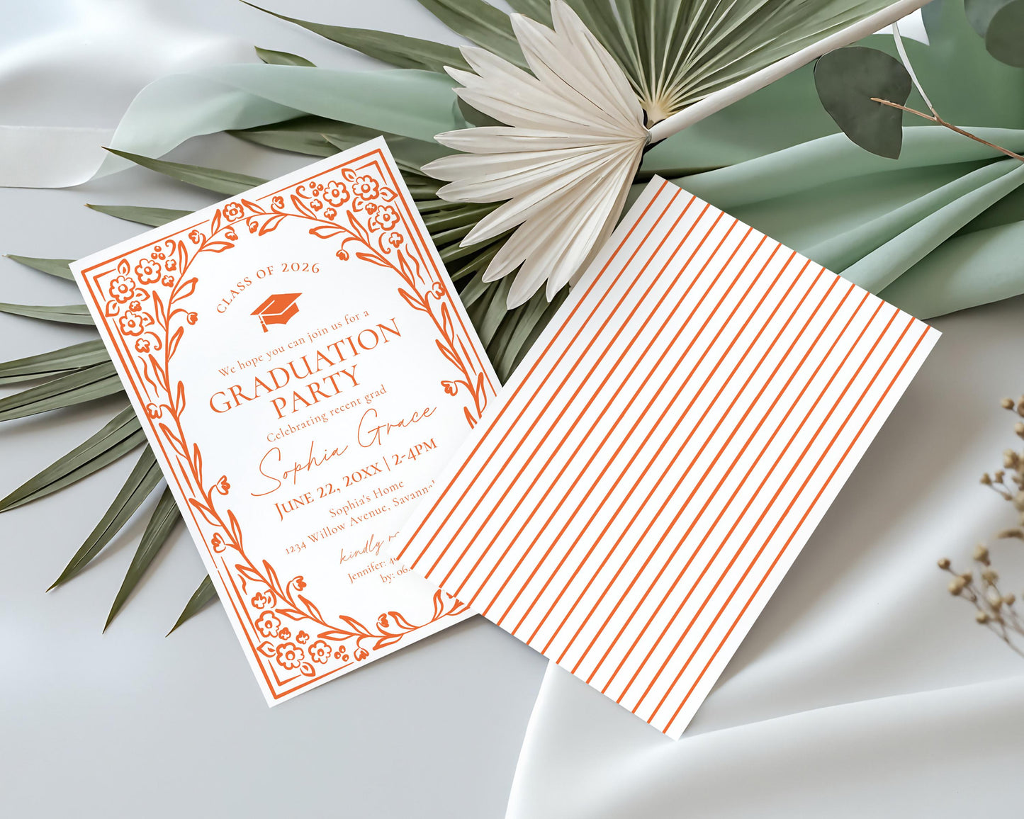 Orange Floral Graduation Party Invitation Template, Colors are Editable