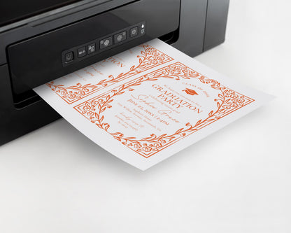 Orange Floral Graduation Party Invitation Template, Colors are Editable