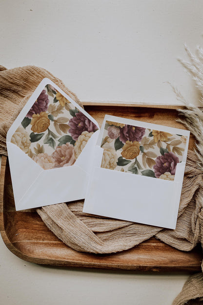 Wine Floral Envelope Liner Template, Old Money Bridal Shower, Burgundy Wedding, Modern Vintage Night Before Rehearsal Dinner WP1093