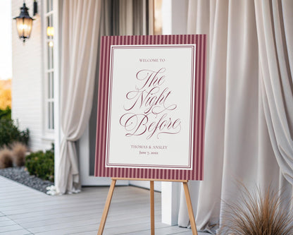 Wine Striped Rehearsal Dinner Welcome Sign Template, Burgundy Old Money Vino and Vows Night Before Dinner, Modern Vintage Cocktail WP1093