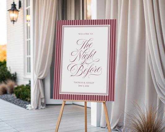 Wine Striped Rehearsal Dinner Welcome Sign Template, Burgundy Old Money Vino and Vows Night Before Dinner, Modern Vintage Cocktail WP1093