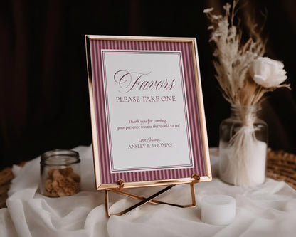 Wine Striped Cards & Gifts and Favors Sign Template, Old Money Bridal Shower, Burgundy Wedding, Vintage Night Before Rehearsal Dinner WP1093