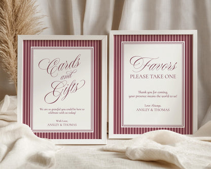 Wine Striped Cards & Gifts and Favors Sign Template, Old Money Bridal Shower, Burgundy Wedding, Vintage Night Before Rehearsal Dinner WP1093