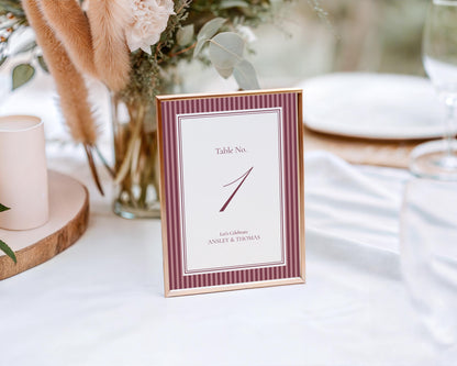 Wine Striped Table Numbers Template, Old Money Bridal Shower, Burgundy Wedding, Modern Vintage Night Before Rehearsal Dinner WP1093