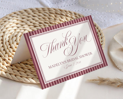 Wine Striped Thank You Card Template, Old Money Bridal Shower, Burgundy Wedding, Modern Vintage Night Before Rehearsal Dinner WP1093