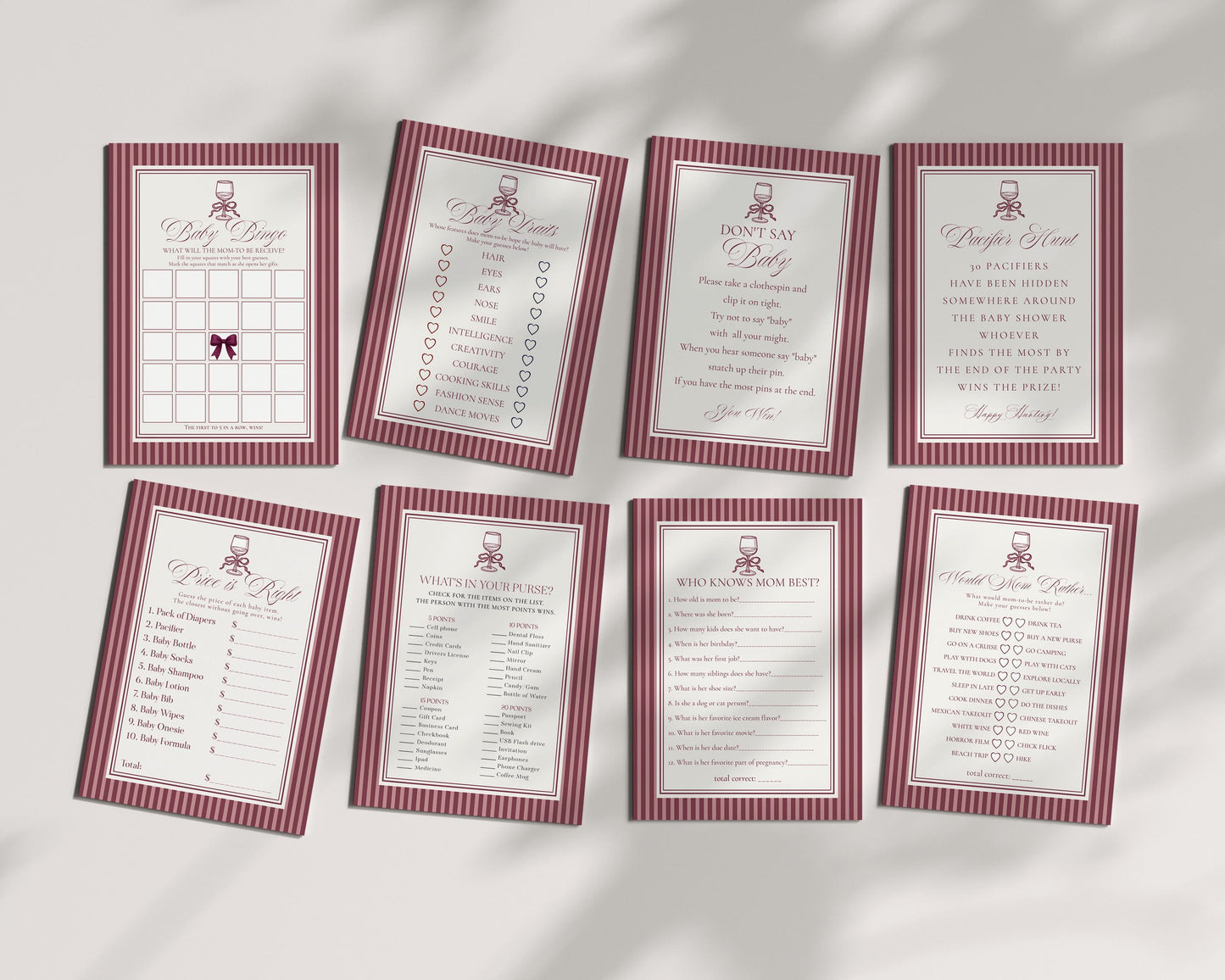 Wine Striped Baby Shower Games Template, Burgundy Theme Baby Sprinkle, Sip Sip Hooray Brunch with Mom to Be WP1093