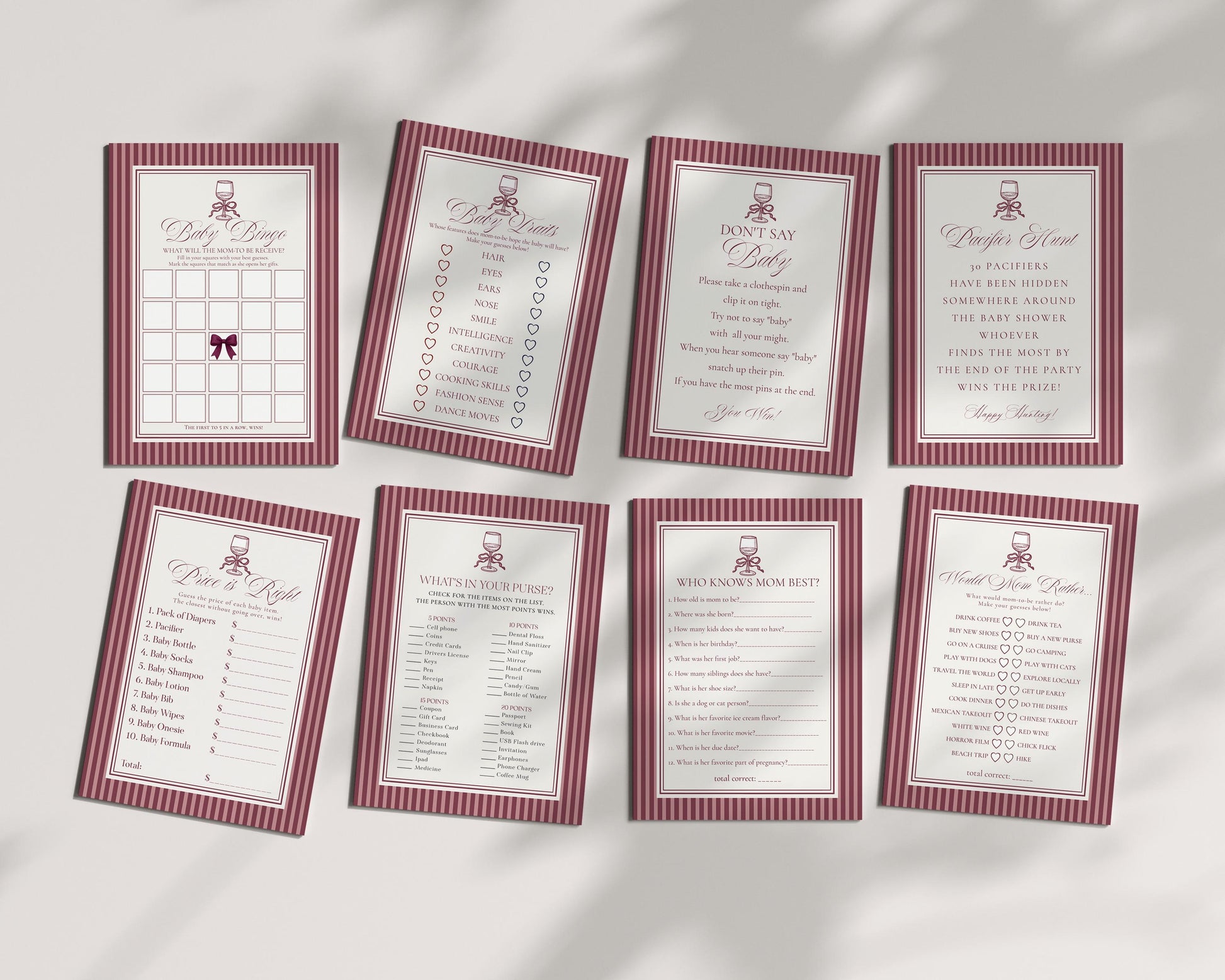 Wine Striped Baby Shower Games Template, Burgundy Theme Baby Sprinkle, Sip Sip Hooray Brunch with Mom to Be WP1093