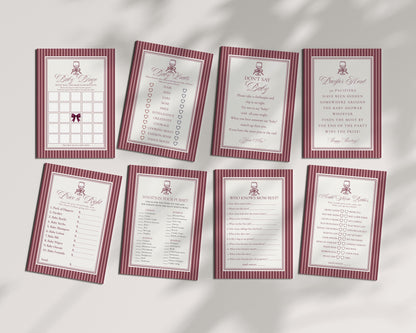Wine Striped Baby Shower Games Template, Burgundy Theme Baby Sprinkle, Sip Sip Hooray Brunch with Mom to Be WP1093