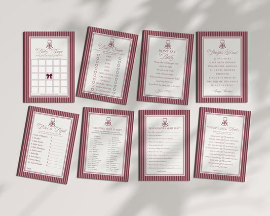 Wine Striped Baby Shower Games Template, Burgundy Theme Baby Sprinkle, Sip Sip Hooray Brunch with Mom to Be WP1093
