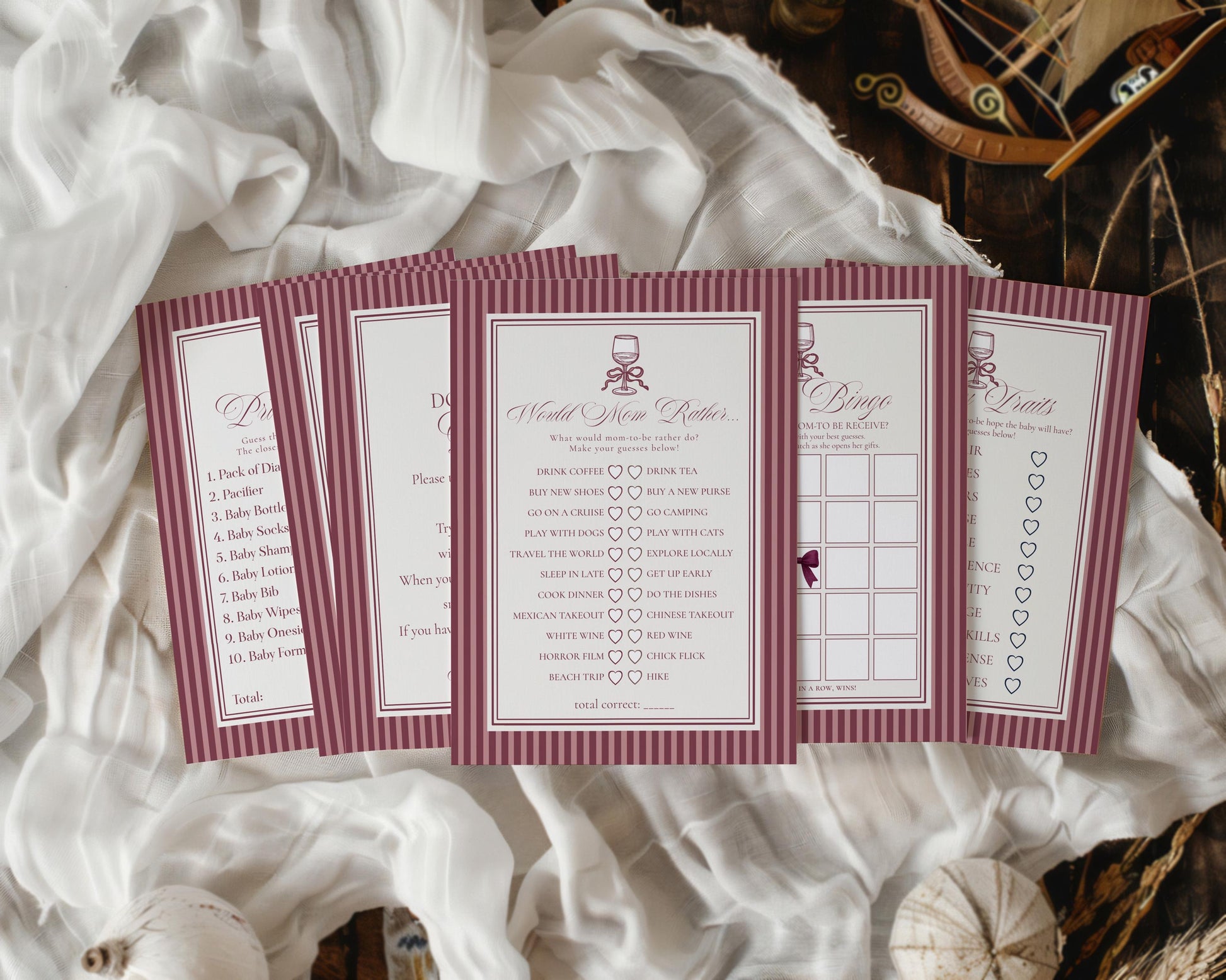 Wine Striped Baby Shower Games Template, Burgundy Theme Baby Sprinkle, Sip Sip Hooray Brunch with Mom to Be WP1093