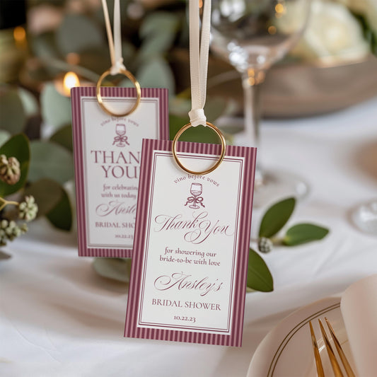 Wine Striped Bridal Shower Favor Tags Template, Burgundy Old Money Vino Before Vows Bridal Brunch, Modern Vintage Brunch with Bride WP1093