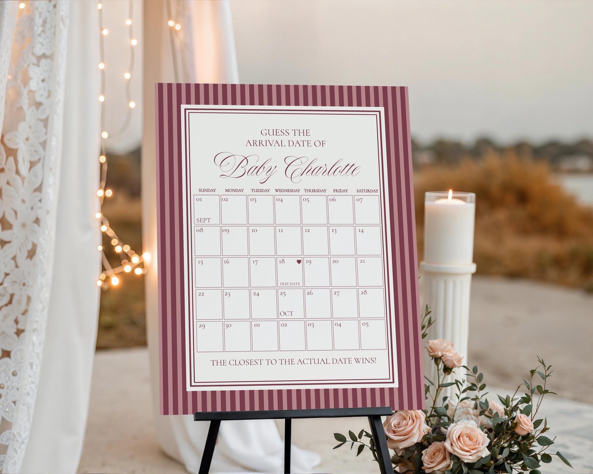 Wine Striped Baby Shower Guess the Date Game Template, Burgundy Theme Baby Sprinkle, Sip Sip Hooray Brunch with Mom to Be WP1093