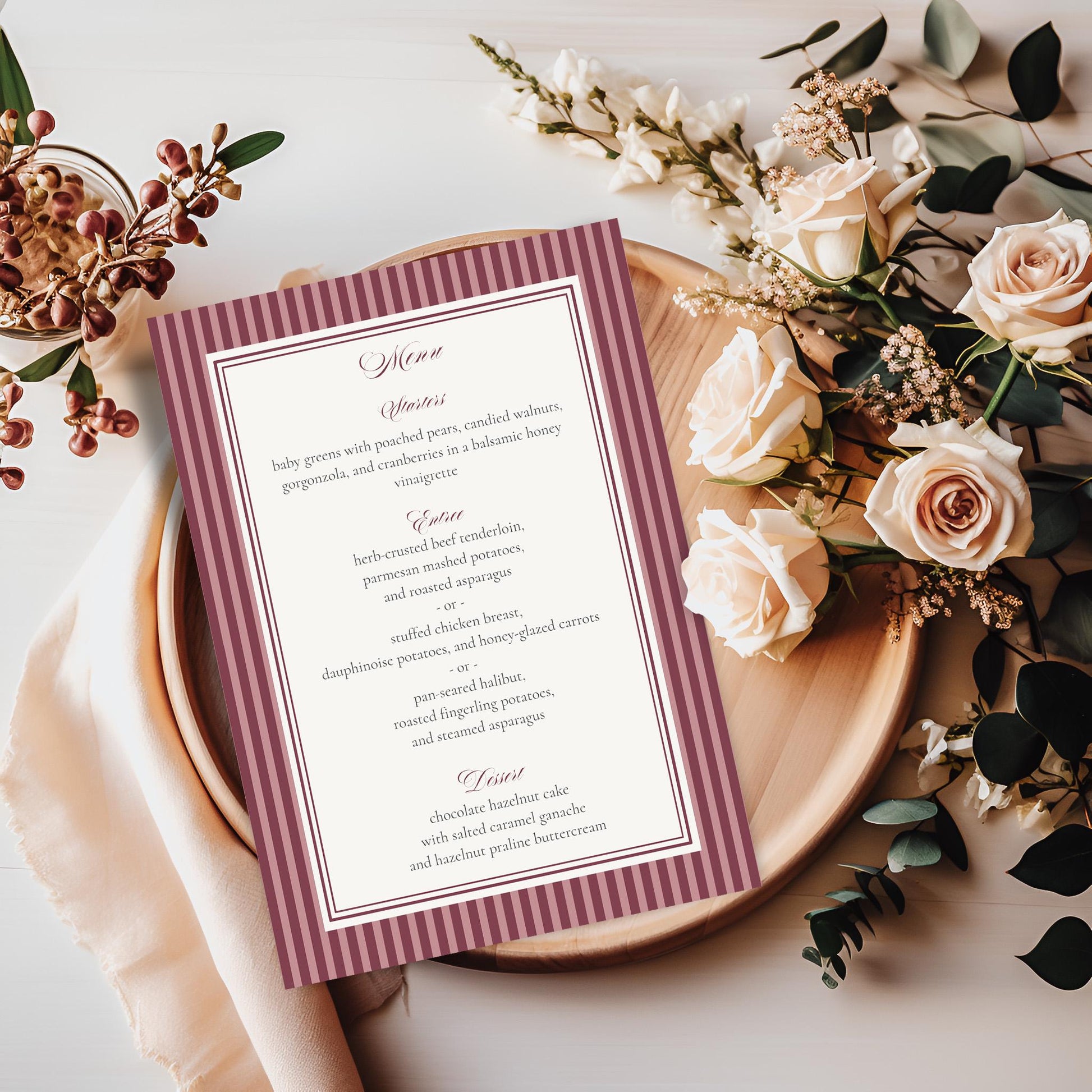 Wine Striped Menu Template, Old Money Bridal Shower, Burgundy Wedding, Modern Vintage Night Before Rehearsal Dinner WP1093