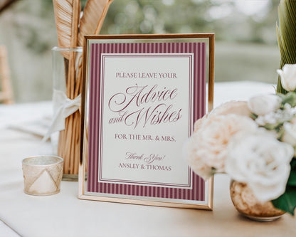 Wine Striped Advice for Mr & Mrs Cards Template, Burgundy Old Money Bridal Shower Game, Vino Before Vows Vintage Wedding WP1093