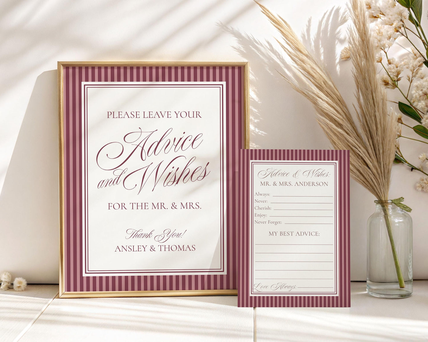 Wine Striped Advice for Mr & Mrs Cards Template, Burgundy Old Money Bridal Shower Game, Vino Before Vows Vintage Wedding WP1093