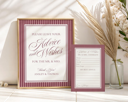 Wine Striped Advice for Mr & Mrs Cards Template, Burgundy Old Money Bridal Shower Game, Vino Before Vows Vintage Wedding WP1093