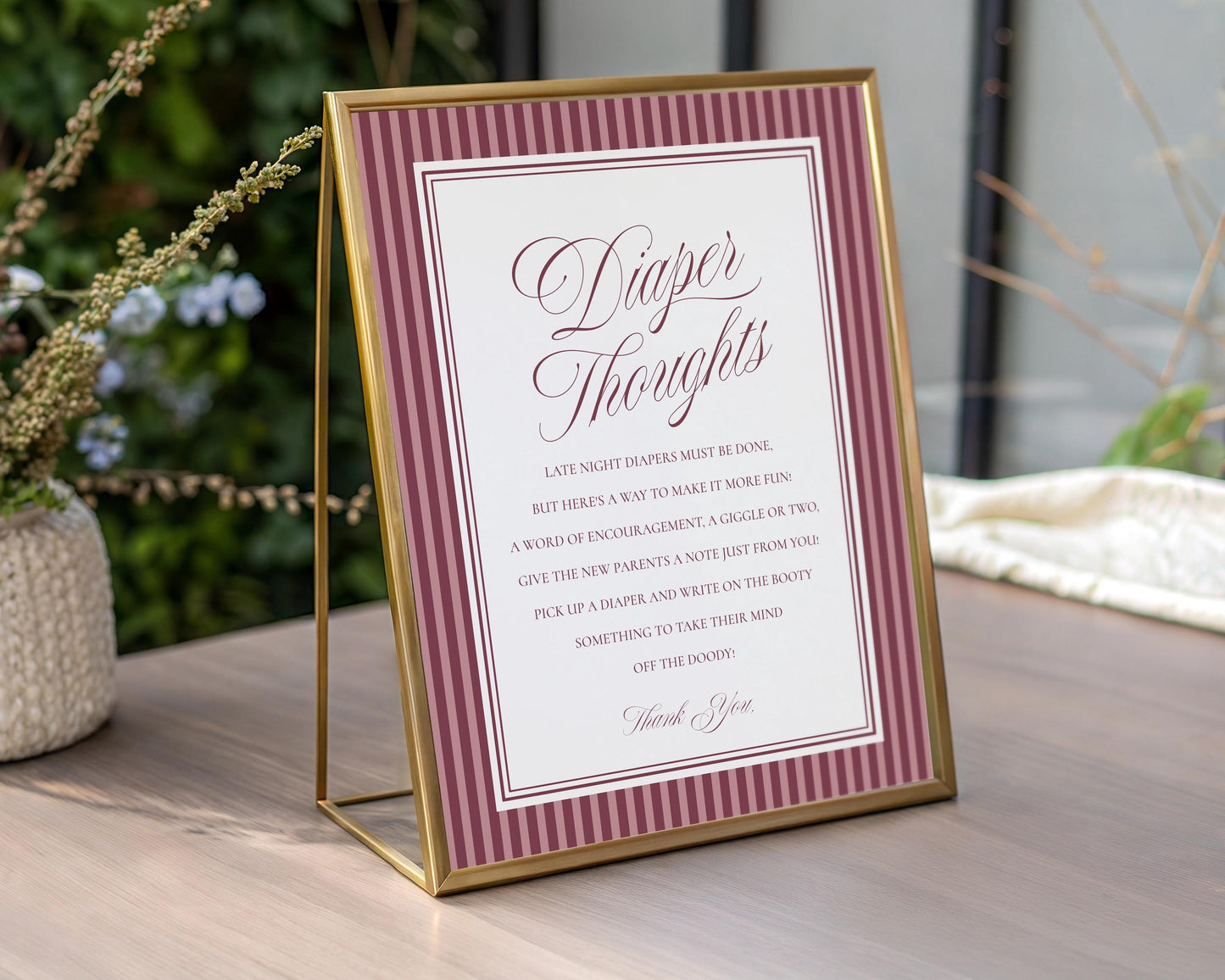 Wine Striped Baby Shower Diaper Thoughts Sign Template, Burgundy Theme Baby Sprinkle, Sip Sip Hooray Brunch with Mom to Be WP1093