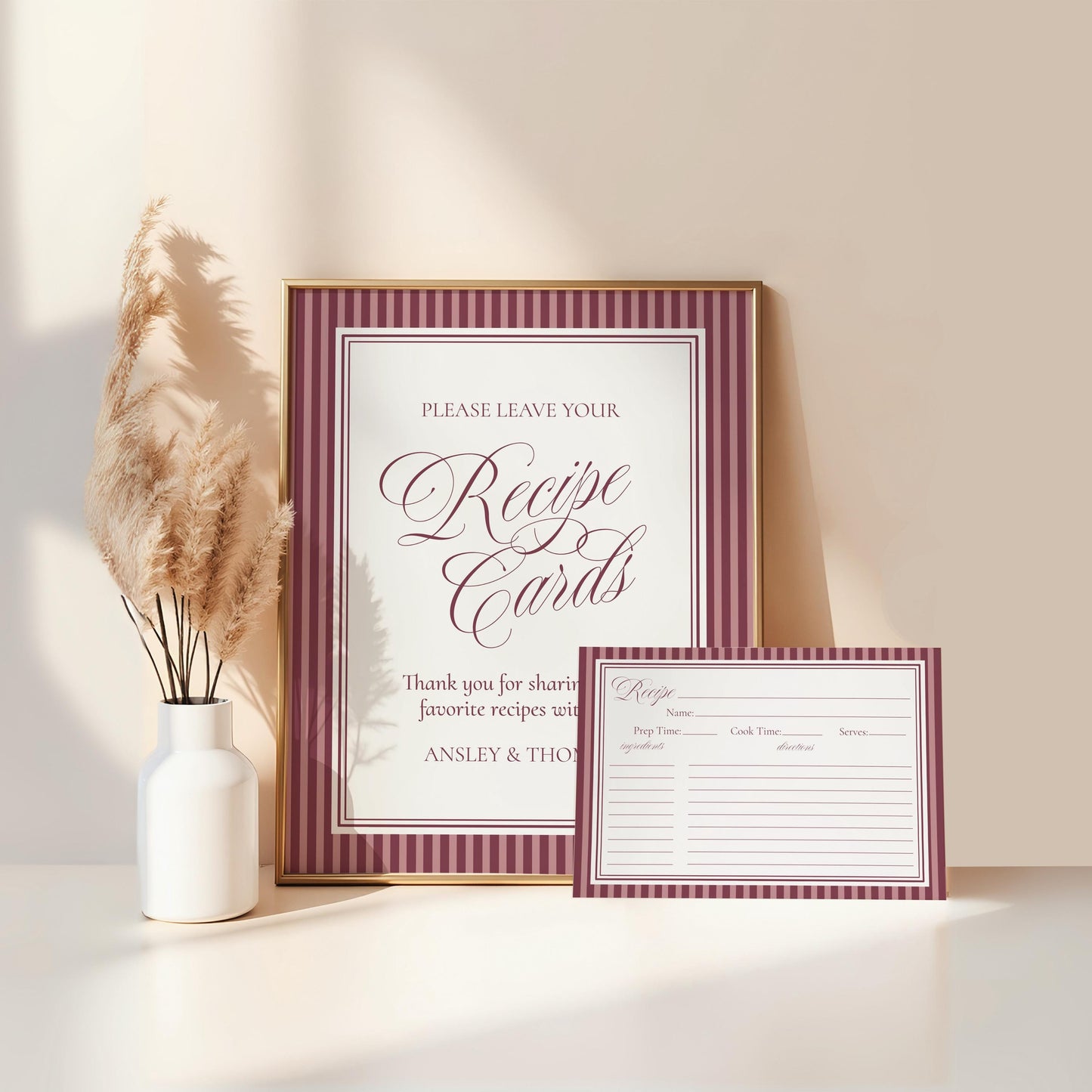 Wine Striped Recipe Card Bridal Shower Template, Burgundy Old Money Vino Before Vows Bridal Brunch, Modern Vintage Brunch with Bride WP1093