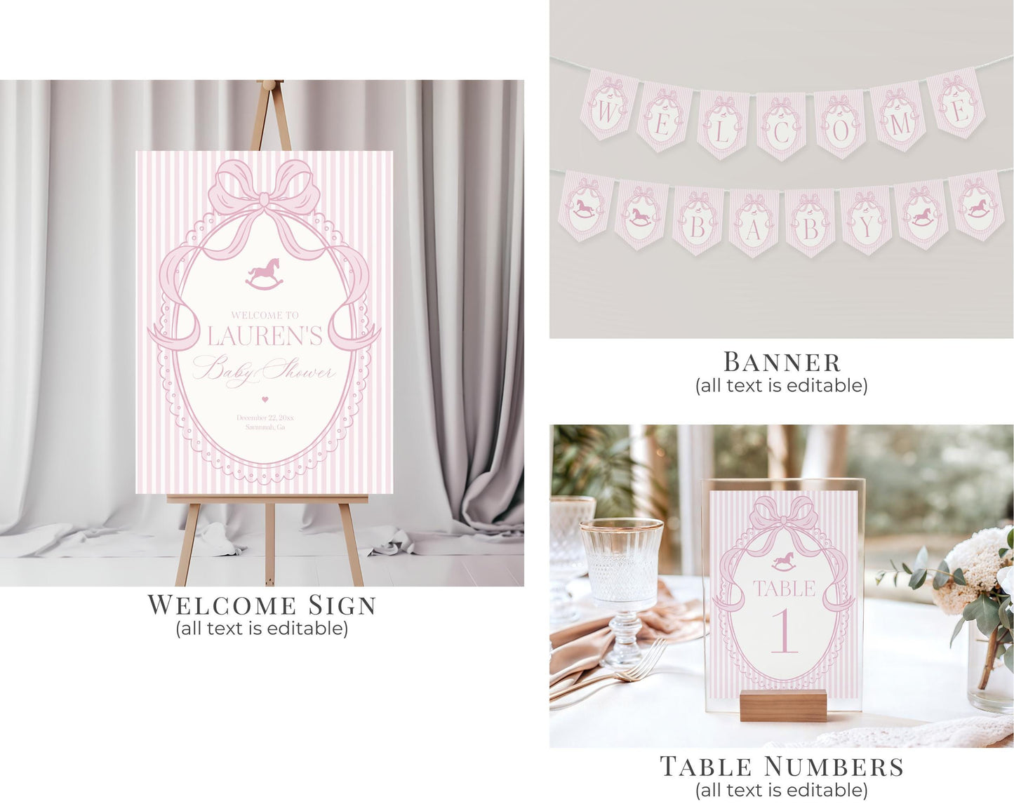 Pink Coquette Bow Rocking Horse Baby Shower Bundle Printable Template, Striped Preppy Baby Sprinkle, Heirloom Brunch with Mom to Be WP1094