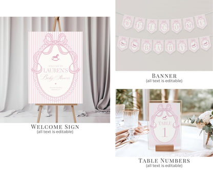 Pink Coquette Bow Rocking Horse Baby Shower Bundle Printable Template, Striped Preppy Baby Sprinkle, Heirloom Brunch with Mom to Be WP1094