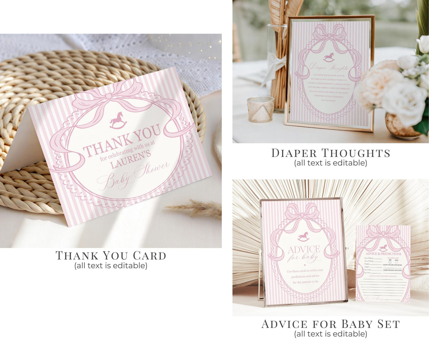 Pink Coquette Bow Rocking Horse Baby Shower Bundle Printable Template, Striped Preppy Baby Sprinkle, Heirloom Brunch with Mom to Be WP1094