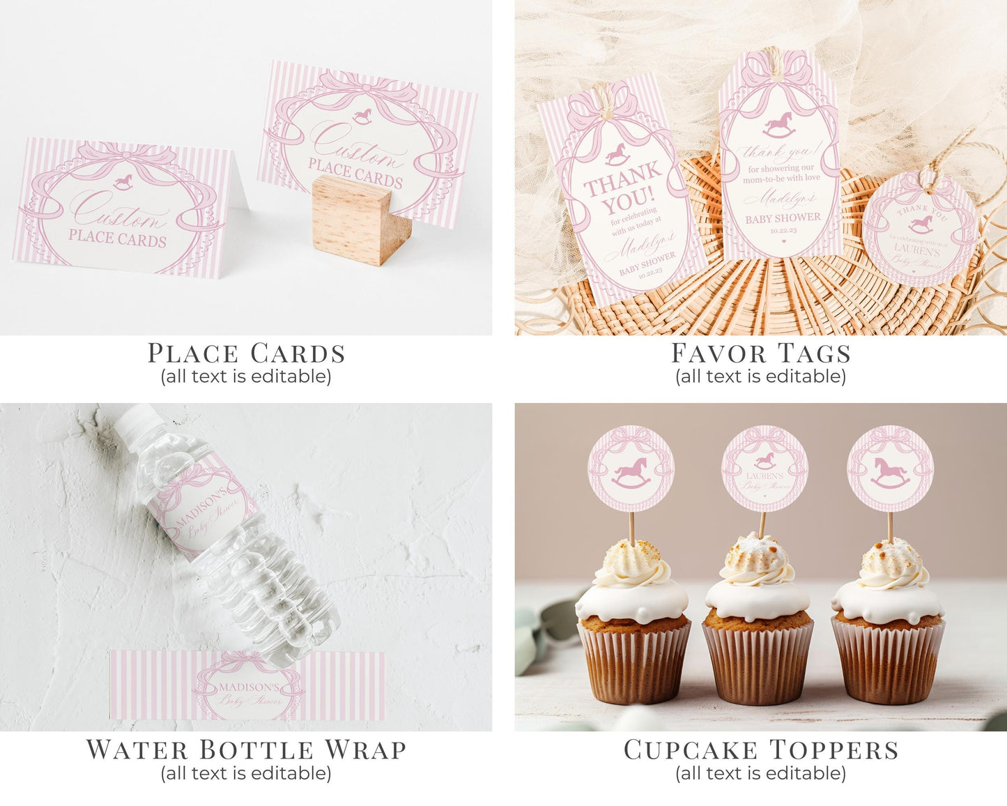 Pink Coquette Bow Rocking Horse Baby Shower Bundle Printable Template, Striped Preppy Baby Sprinkle, Heirloom Brunch with Mom to Be WP1094