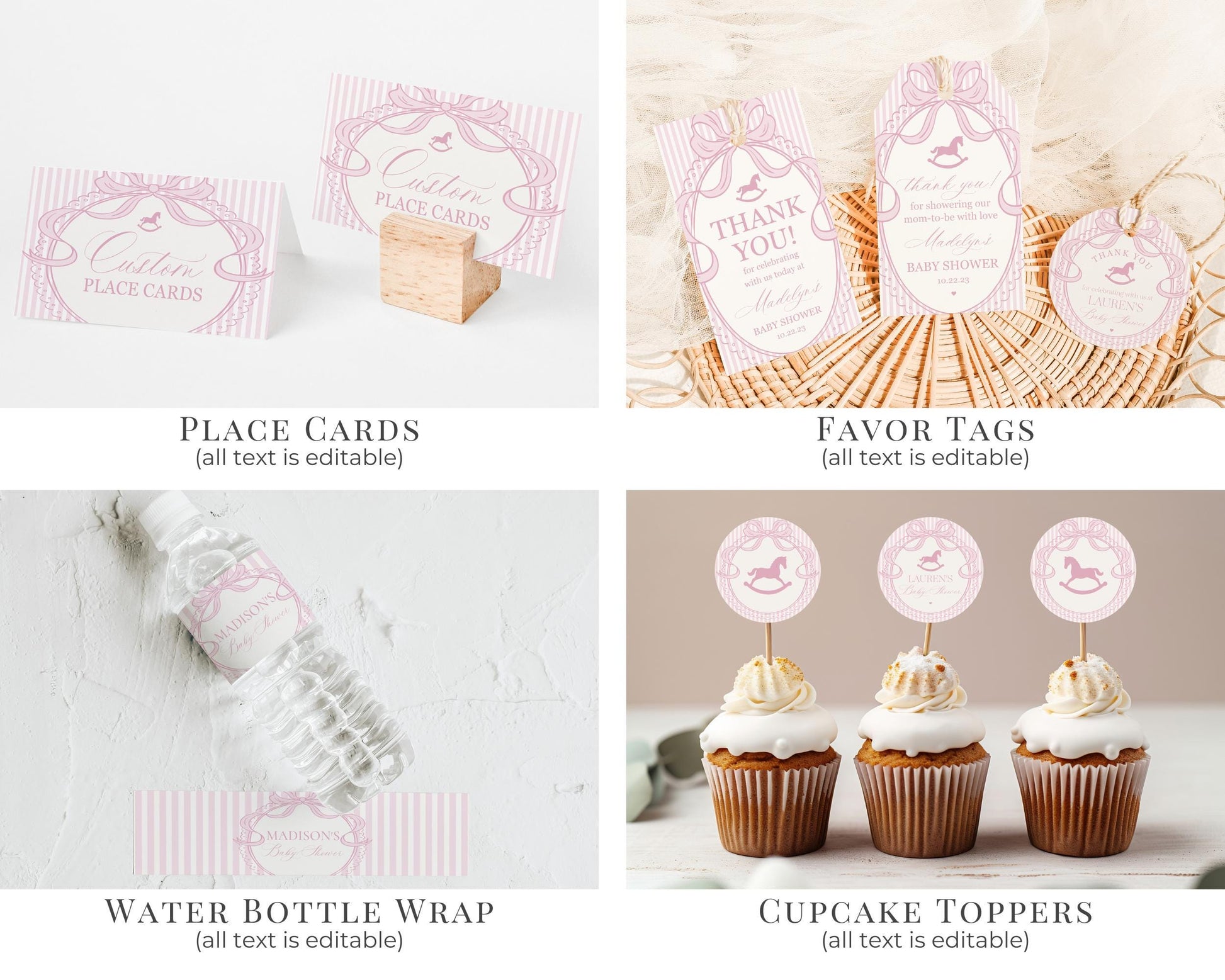 Pink Coquette Bow Rocking Horse Baby Shower Bundle Printable Template, Striped Preppy Baby Sprinkle, Heirloom Brunch with Mom to Be WP1094