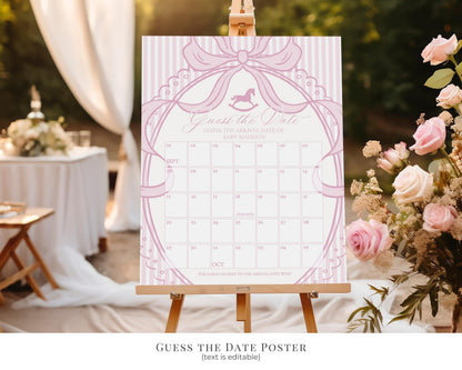 Pink Coquette Bow Rocking Horse Baby Shower Bundle Printable Template, Striped Preppy Baby Sprinkle, Heirloom Brunch with Mom to Be WP1094