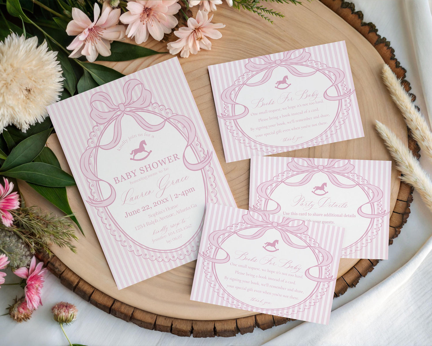 Pink Coquette Bow Rocking Horse Baby Shower Bundle Printable Template, Striped Preppy Baby Sprinkle, Heirloom Brunch with Mom to Be WP1094