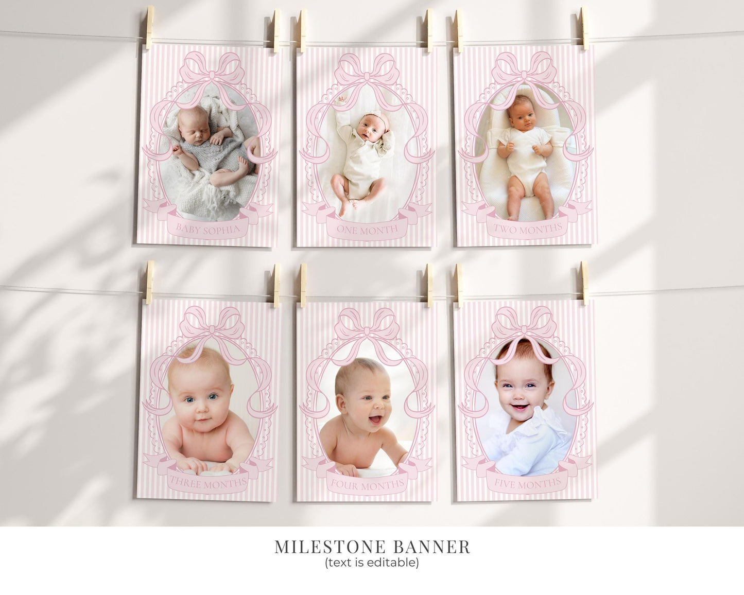 Pink Coquette Bow Rocking Horse 1st Birthday Bundle Printable Template, Preppy Striped First Birthday Party WP1094