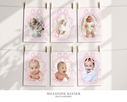 Pink Coquette Bow Rocking Horse 1st Birthday Bundle Printable Template, Preppy Striped First Birthday Party WP1094