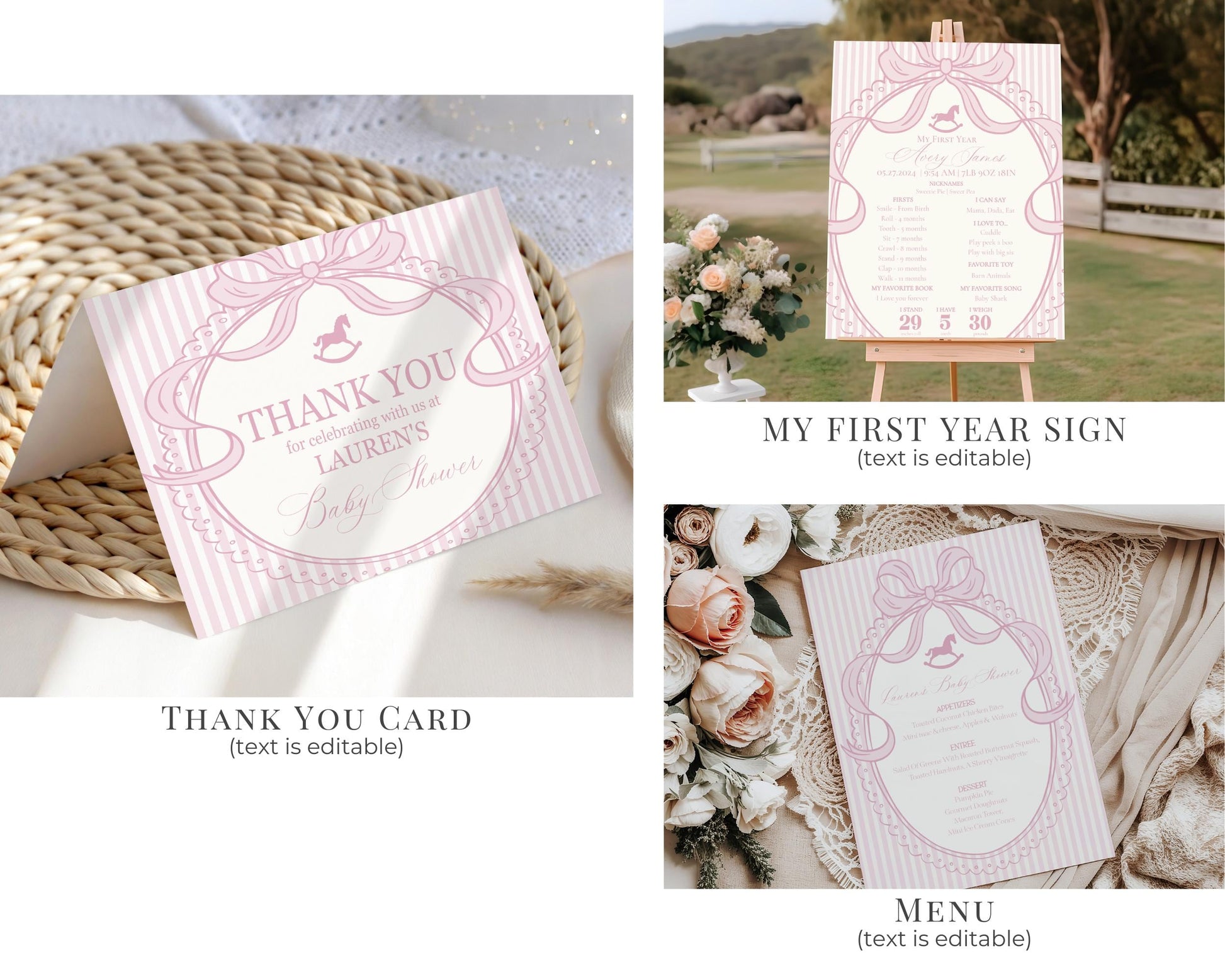 Pink Coquette Bow Rocking Horse 1st Birthday Bundle Printable Template, Preppy Striped First Birthday Party WP1094