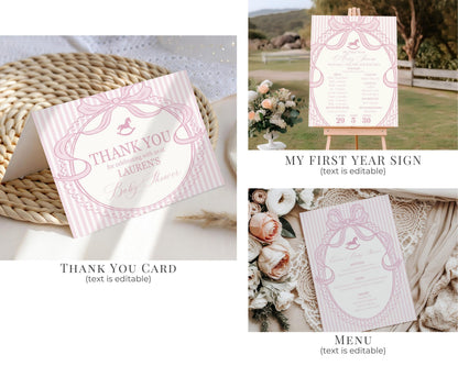 Pink Coquette Bow Rocking Horse 1st Birthday Bundle Printable Template, Preppy Striped First Birthday Party WP1094