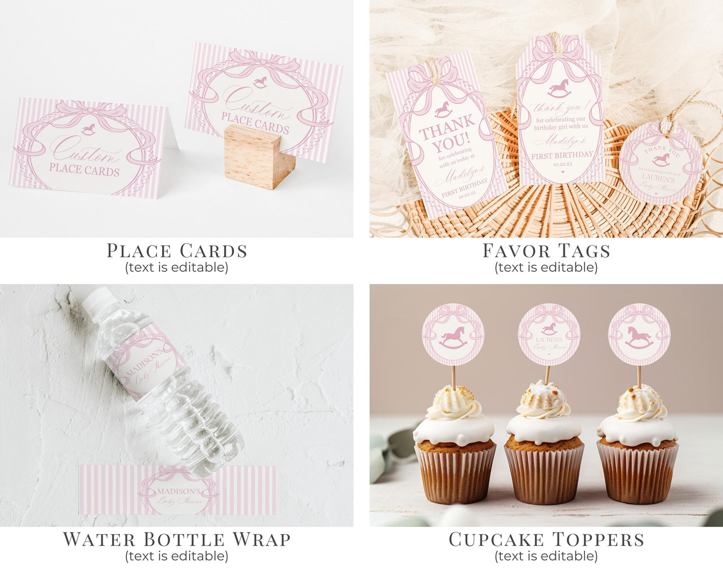 Pink Coquette Bow Rocking Horse 1st Birthday Bundle Printable Template, Preppy Striped First Birthday Party WP1094