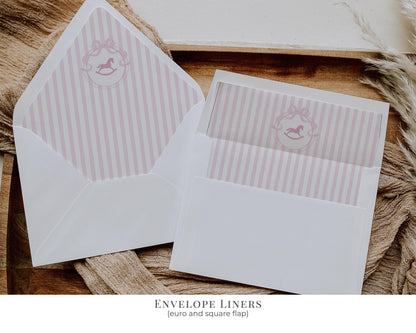 Pink Coquette Bow Rocking Horse 1st Birthday Bundle Printable Template, Preppy Striped First Birthday Party WP1094
