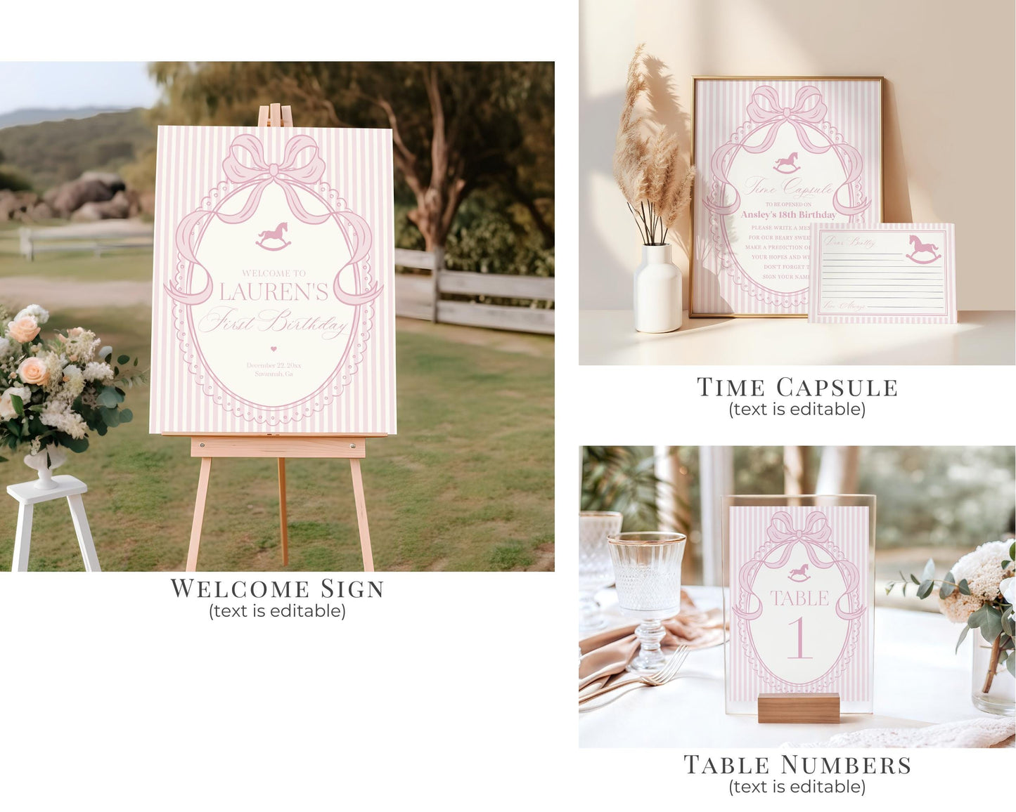 Pink Coquette Bow Rocking Horse Birthday Bundle Printable Template, Preppy Striped Birthday Party, Heirloom Inspired Timeless Bday WP1094