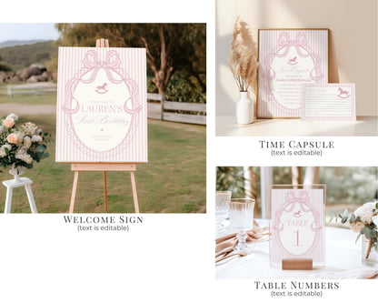 Pink Coquette Bow Rocking Horse Birthday Bundle Printable Template, Preppy Striped Birthday Party, Heirloom Inspired Timeless Bday WP1094