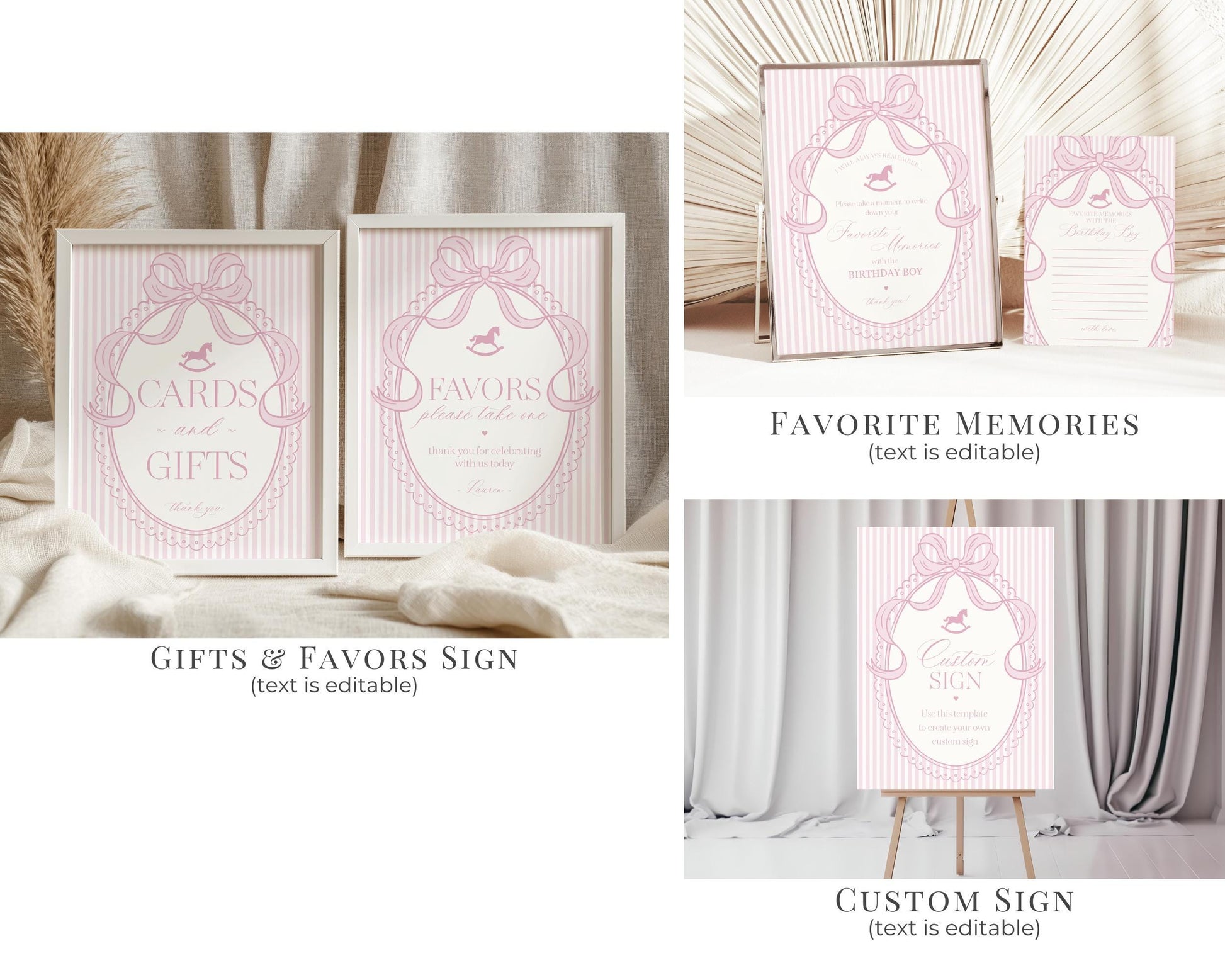 Pink Coquette Bow Rocking Horse Birthday Bundle Printable Template, Preppy Striped Birthday Party, Heirloom Inspired Timeless Bday WP1094