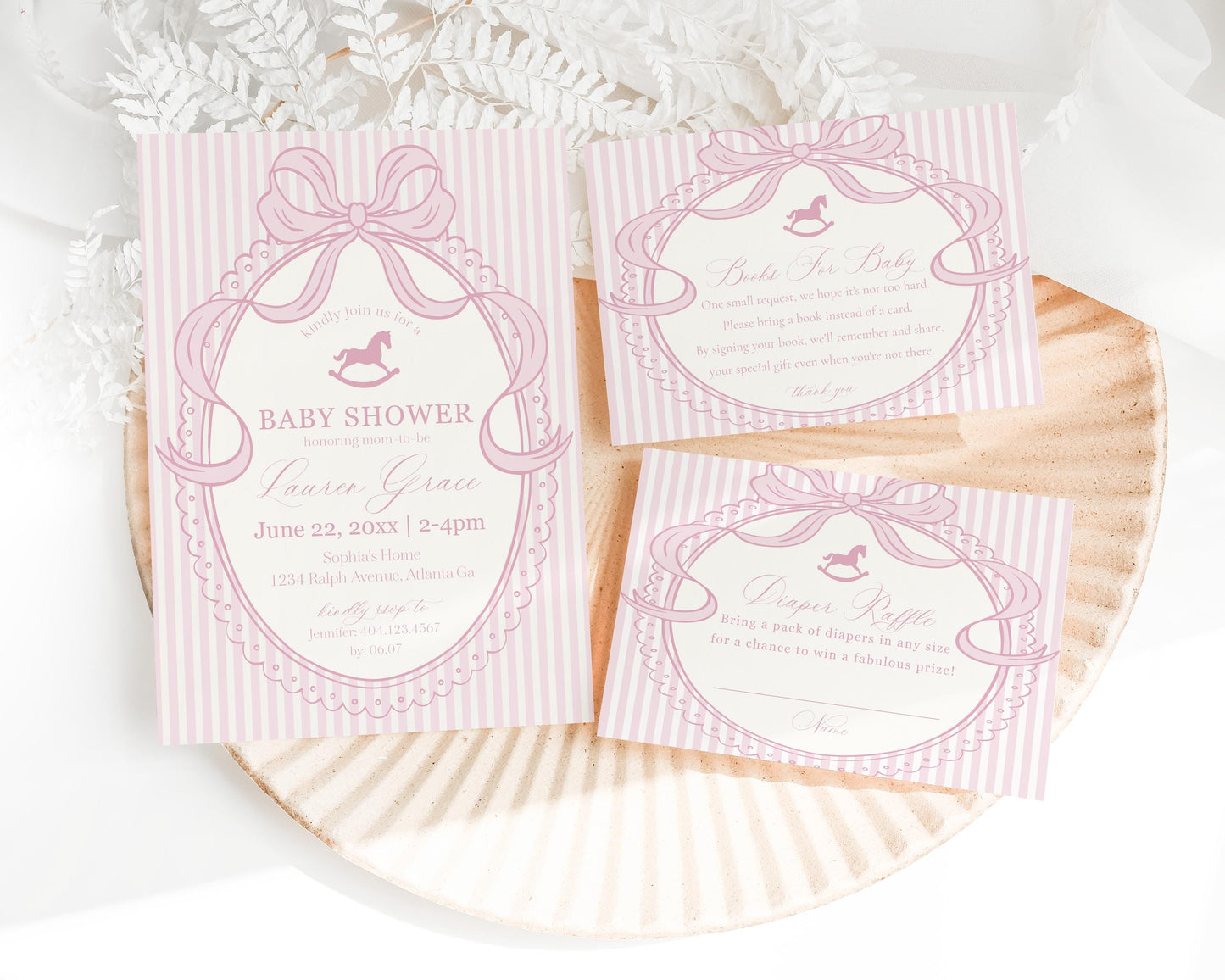 Pink Coquette Bow Rocking Horse Baby Shower Invitation Printable Template, Striped Preppy Baby Sprinkle WP1094