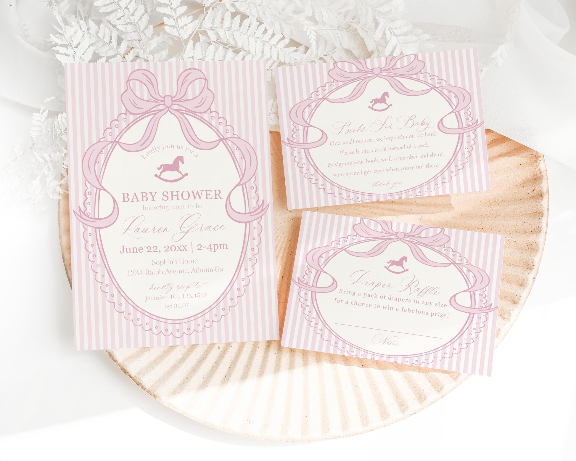 Pink Coquette Bow Rocking Horse Baby Shower Invitation Printable Template, Striped Preppy Baby Sprinkle WP1094