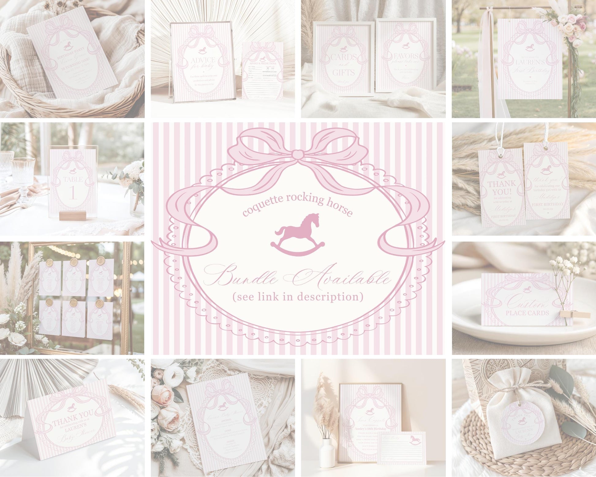 Pink Coquette Bow Rocking Horse Baby Shower Invitation Printable Template, Striped Preppy Baby Sprinkle WP1094