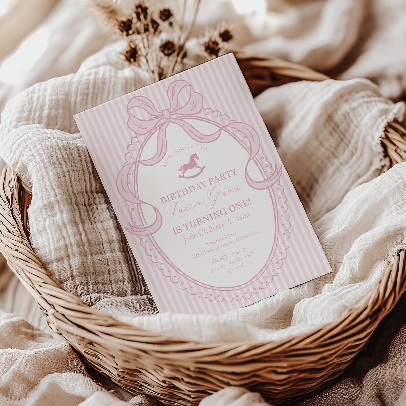 Pink Coquette Bow Rocking Horse Birthday Invitation Printable Template, Preppy Striped First Birthday Party WP1094