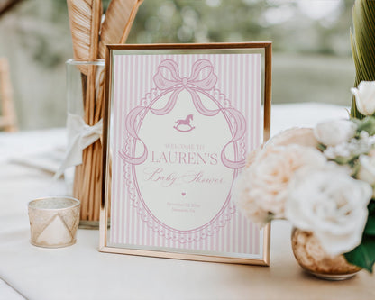 Pink Coquette Bow Rocking Horse Baby Shower Welcome Sign Template, Striped Preppy Baby Sprinkle, Heirloom Inspired Brunch with Mom WP1094